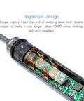 Close-up of Digital OLED Programmable Mini Portable On The Go Soldering Iron Kit circuit board and copper welding head