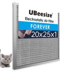 Heavy Duty Reusable Electrostatic Air Filter For Hvac And Furnace Merv 8 Washable Permanent Panel 20x25x1 with aluminum frame and gray kitten.