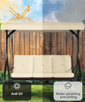 Three Seat Outdoor Patio Swing With Adjustable Canopy And Backrest Convertible Glider Bed On Stand Removable Cushions 45 Degree Tilt For Backyard Poolside Or Balcony 750 Lbs Weight Capacity shown under sun and rain with anti-UV and water-resistant features highlighted.