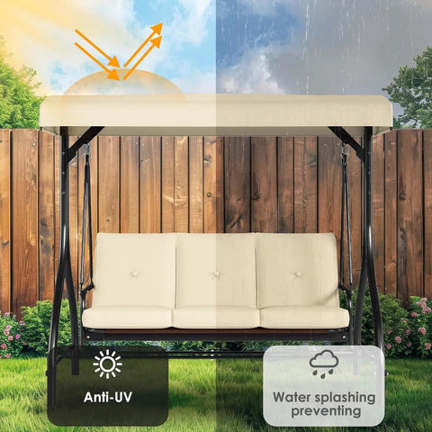 Three Seat Outdoor Patio Swing With Adjustable Canopy And Backrest Convertible Glider Bed On Stand Removable Cushions 45 Degree Tilt For Backyard Poolside Or Balcony 750 Lbs Weight Capacity shown under sun and rain with anti-UV and water-resistant features highlighted.