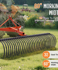 3 Point Tow Behind Rake With 60 Inch Width And 32 Steel Tines, Adjustable Angle Lawn Dethatcher and Landscape Rake attached to a tractor