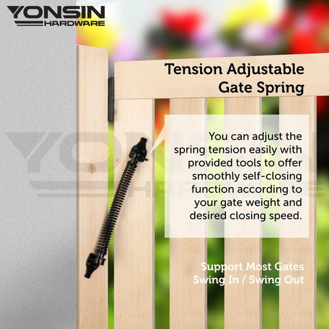 Heavy Duty Self Closing Gate Spring Knockout Performance With Adjustable Tensioner mounted on wooden gate for auto closure.