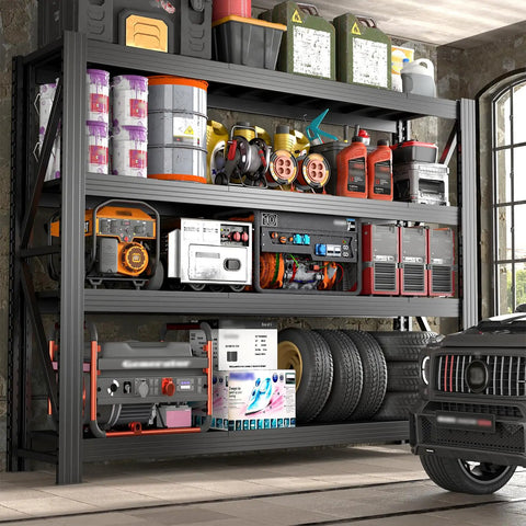 Beefed Up 4 Tier Storage Shelving Black Industrial Grade Rack Cracks Under Up To 6000 Lbs Pressure storing tools and equipment in garage.