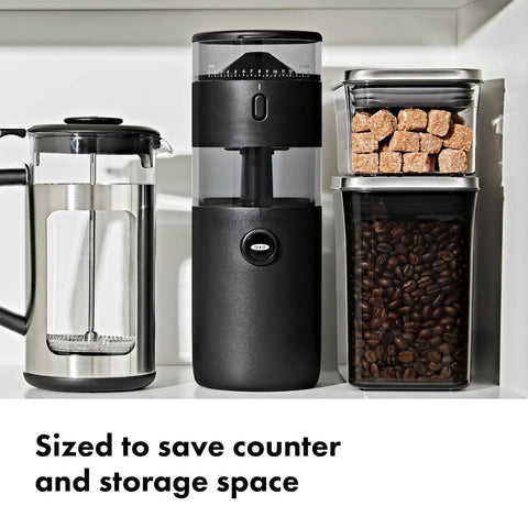 Compact Stainless Steel Conical Burr Electric Coffee Bean Grinder Delivers Smooth Daily Brews With Fine To Coarse Grinds For A Solid Daily Driver Fit That Works In Tight Spaces on a kitchen shelf.
