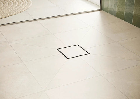 Square Tileable Shower Drain Set With Brushed Stainless Steel Construction And Flush Floor Mount Design For Modern Bathrooms, installed in tiled shower floor.