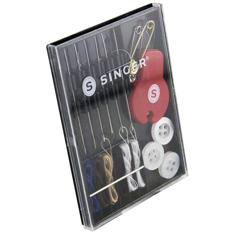 On The Fly Travel Sewing Kit Featuring Six Prethreaded Hand Needles A Sharp Needle Threader Cutter, buttons, and pins in compact case.
