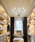 Five Light Crystal Pendant Chandelier With Acrylic Beads, Plug In Pendant Lights, Clear Cord, On Off Switch, in a walk-in closet