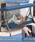 Three Seat Outdoor Porch Swing With Stand 800 Lb Capacity 2 In 1 Convertible Swing Bed With Adjustable Canopy Blue Square Tube