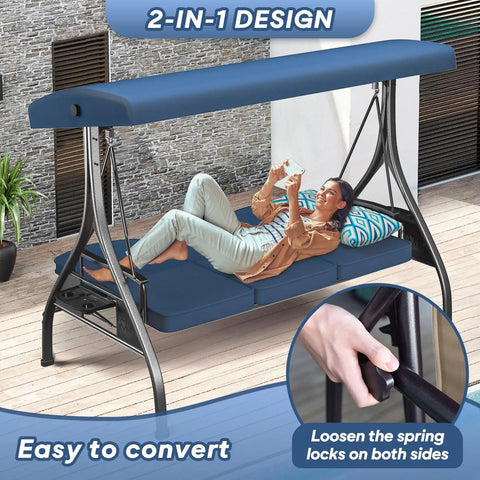 Three Seat Outdoor Porch Swing With Stand 800 Lb Capacity 2 In 1 Convertible Swing Bed With Adjustable Canopy Blue Square Tube