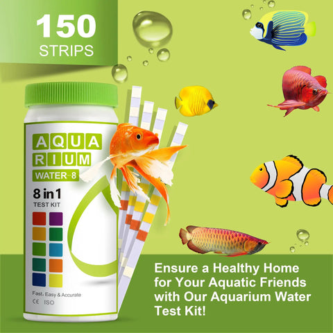 Solid 8 In 1 Aquarium Test Kit For Freshwater And Saltwater Features 150 Fast Snap Checks in vibrant packaging with test strips and fish.