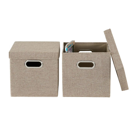 Heavy Duty Foldable Cube Storage Bins With Secure Snap Lids And Polished Chrome Handles In Warm Brown Linen Fabric For Closets Shelves And Bedroom Organization No Hassle Top Shelf American Craft, set of 2, 11.4x11.4x11 inches.