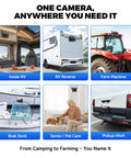 Wireless Solar Backup Camera 1080P With Smartphone App Control No Sweat Setup For IOS And Android Devices mounted on RV and farm machinery.