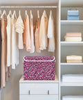 Top Drawer Foldable Storage Bin With Flip Top Lid And Comfort Grip Handles For Bedroom Home Organization Collapsible Closet Containers With Tough Oxford Fabric And Zero Fuss Velcro Seal on shelf with dresses.