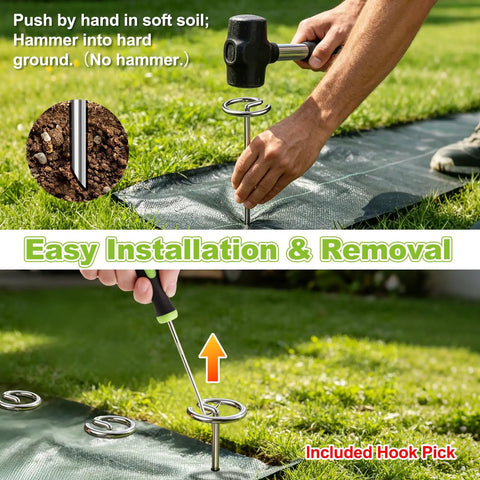 Heavy Duty 8 Gauge Landscape Staples Set Of 120 With Pick Hook, 6 Inch G Shaped Garden Stakes being installed into ground