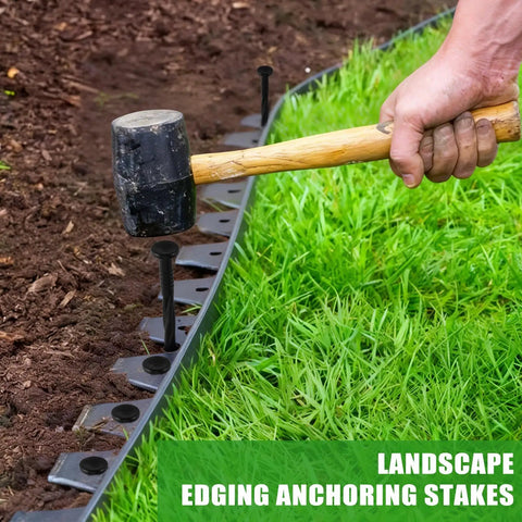Heavy Duty 8 Inch Plastic Landscape Edging Spikes, 220 Pack, Rust Free Nylon Stakes being installed in garden border