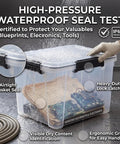 Hella Sturdy 19 Quart Stackable Storage Bin With Airtight Gasket Seal And Clear Body for storing electronics and documents, waterproof test.