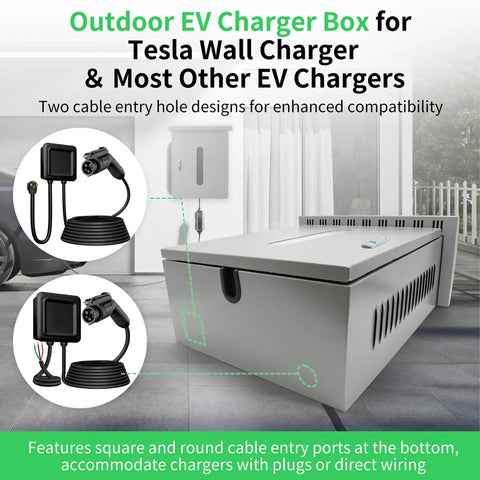 Slick Outdoor EV Charger Lock Box With Viewable Window For Tesla Wall Connector And Most Electric Cars, showcasing cable entry ports.