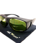 Heavy Duty Laser Safety Glasses Delivering Full Coverage Broad Spectrum Eye Protection For Uv To Far Infrared Range CE En207 Shop Tested with green lenses on a cleaning cloth.