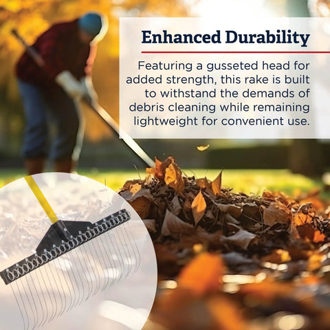 All Purpose Garden Landscape Rake With 21 Inch Head And 47 Inch Lightweight Wood Handle being used to rake autumn leaves
