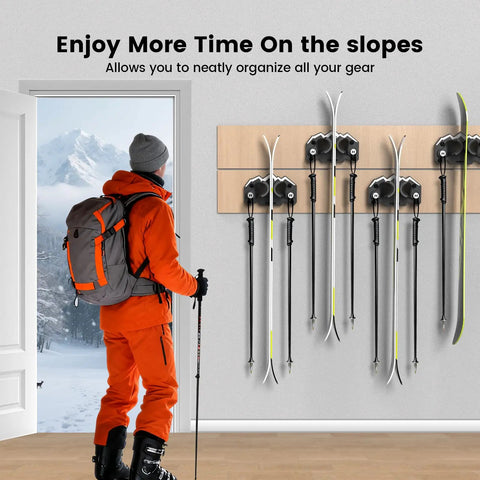 Badass Ski And Snowboard Wall Mount Two Pack with non-slip grips organizing skis on a wall in a stylish garage setting.