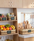 Six Premium Handcrafted Wicker Pantry Baskets And Closet Storage Organizers With Matched Chalkboard Labels For Kitchen Decluttering Straight Up Game Changer Storage Set filled with spices, produce, and utensils.