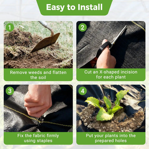 Installation steps for Six Foot By Three Hundred Foot Premium Weed Barrier Landscape Fabric with weed removal, cutting, and planting.
