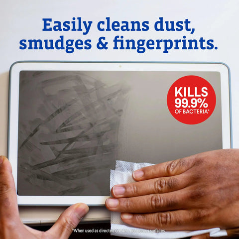 Person using Screen Sanitizing Wipes For Electronics Bleach Free Cleaning Wipes With Citrus Scent 75 Count on a tablet screen.