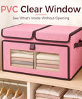 No Hassle Straight Up Foldable Fabric Storage Bins With Tough Lids And Transparent Panels For Rapid Grab Makes Home Sorting A Total Cinch, 16.5x11.4x9.7 inches, pink with clear window.