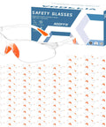 80 Pack Bulk Anti Fog Safety Glasses With Impact Resistant Lenses on display, clear lenses with orange accents, ANSI Z87.1 certified.