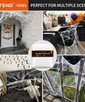 1200 Square Foot White Stretchable Halloween Spider Webs With Forty Fake Spiders for indoor and outdoor Halloween decoration scenes.