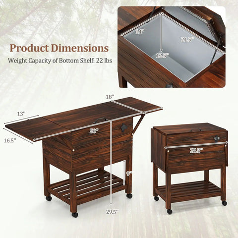 Dimensions of 54-Quart Rolling Cooler Cart With Two Drop Leaf Tables Built In Bottle Opener Pine Wood Outdoor Beverage Cooler On Wheels.