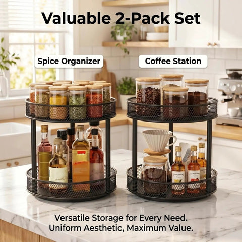Two Pack Two Tier Lazy Susan Organizer Smooth Rotating Metal Turntable for kitchen spice and coffee storage.