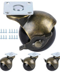 Heavy Duty Swivel Furniture Casters With Brake Set Of 4 Tough 2 Inch Ball Wheels Knockout Antique Brass Plate Mount Wheels close-up.