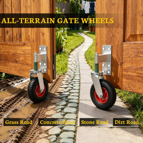 Highly Rated 8 Inch Gate Wheels 2 Pack For Metal And Wood Gates Featuring Double Ball Bearings, showing mounted wheels on a wooden gate.