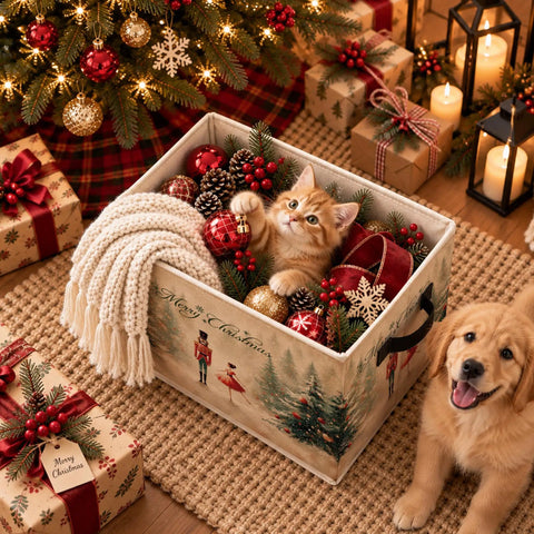 Cheer Up Your Spaces With This Merry Christmas Nutcracker Collapsible Storage Bin Foldable Box with cat and holiday decor.