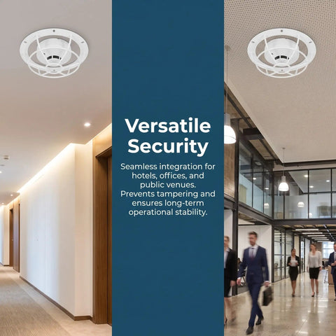 Tough As Nails Smoke Sensor Protective Cage With Heavy Duty Vandal Resistant Fire Alarm Sprinkler Cover in modern office setting.