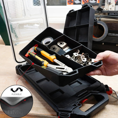 Six FlexiTray Flexible Tool Trays Milwaukee PACKOUT Compatible, shown organizing tools and parts in a garage setting.