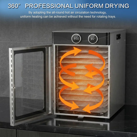Heavy Duty Beefy Food Dehydrator with 12 Rock Solid Stainless Steel Trays showing uniform air circulation for efficient drying.