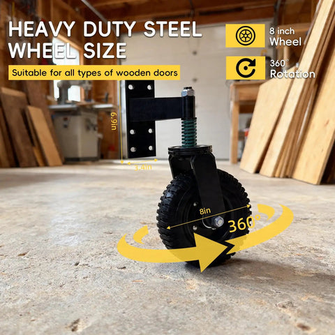 8 Inch Heavy Duty Fence Gate Wheels 660 Lbs Capacity Built Like A Tank With Spring Cushioned Casters 360 Degree Swiveling Rollers, close-up of steel wheel.