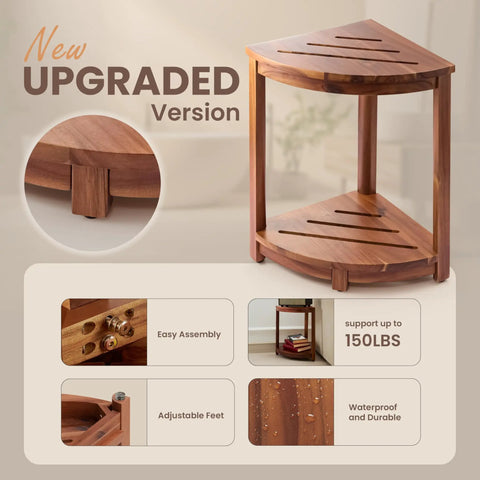 Wood Corner Shower Bench With Storage Shelf For Tight Bathrooms, 12W X 12D X 18H, Durable Acacia Wood Stool And Footrest