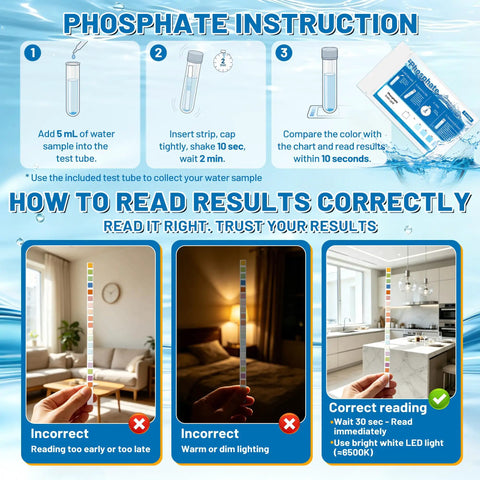 Phosphate instructions for 25 In 1 Drinking Water Test Kit Arrives With 155 Strips Plus 2 Bacteria Tests, showing correct reading methods.