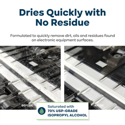 70 Percent IPA Presaturated Electronic Cleaning Wipes showing before and after effect on dirty electronic surface.