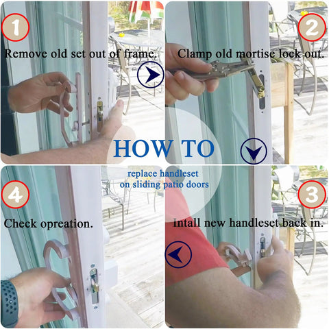Step-by-step guide for installing Keyed Sliding Patio Glass Door Handle Set For Truth Legacy Sash Controls; includes old and new handle replacement.