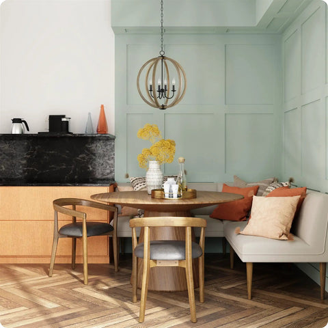 4 Light Modern Farmhouse Pendant Chandelier With Armillary Sphere Cage in dining area with wood table and chairs
