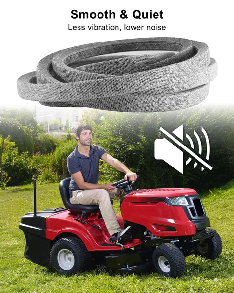 Beefed Up Kevlar Aramid V Belt for 46 Inch Deck Mowers and Lawn Tractors shown reducing noise on a red lawn tractor