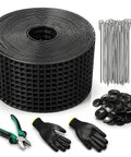 Heavy Duty Solar Panel Bird Guard Mesh 6 Inch By 100 Feet 19 Gauge Pvc Coated Wire Barrier with gloves and tools.