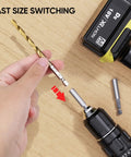 Hand holding Dope Titanium Coated Drill Bit Set With Hex Shank And 135 Degree HSS Tips, cordless drill on wooden surface.