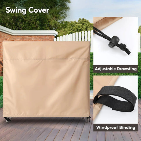 Beige Outdoor 3 Seater Hammock Swing Chair Cover For Patio Water Resistant All Weather Protection Fits 80 Inch Long By 60 Inch Deep By 72 Inch High Breathable 400D Polyester With Elastic Hem shown with adjustable drawstring and windproof binding.