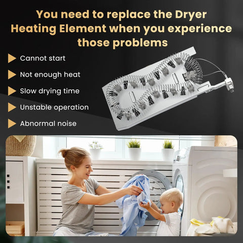Image showing the Dryer Heating Element Replacement Kit For Whirlpool Cabrio Maytag Kenmore Elite HE2 HE3 Dryers And Compatible GE Models W11344457. A user and child with laundry in a laundry room.
