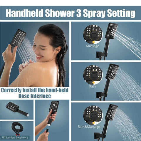 Dope Matte Black Ceiling Mount Shower System With Dual Function Rainfall Overhead Shower Head And Handheld Spray All Metal Brass Construction 10 Inch ABS Shower Head Rough In Valve And Trim Kit Included High Pressure handheld shower settings